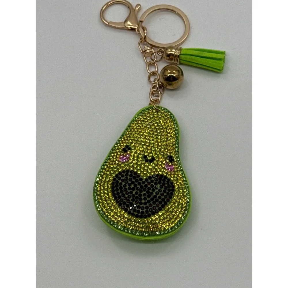 Green Rhinestone Avocado Keychain Heart Pit Tassel Gold Tone Bag Charm